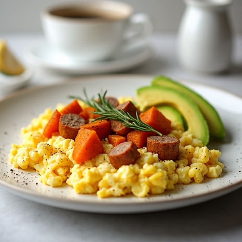 Egg White Scramble with Turkey Sausage and Roasted Sweet Potato