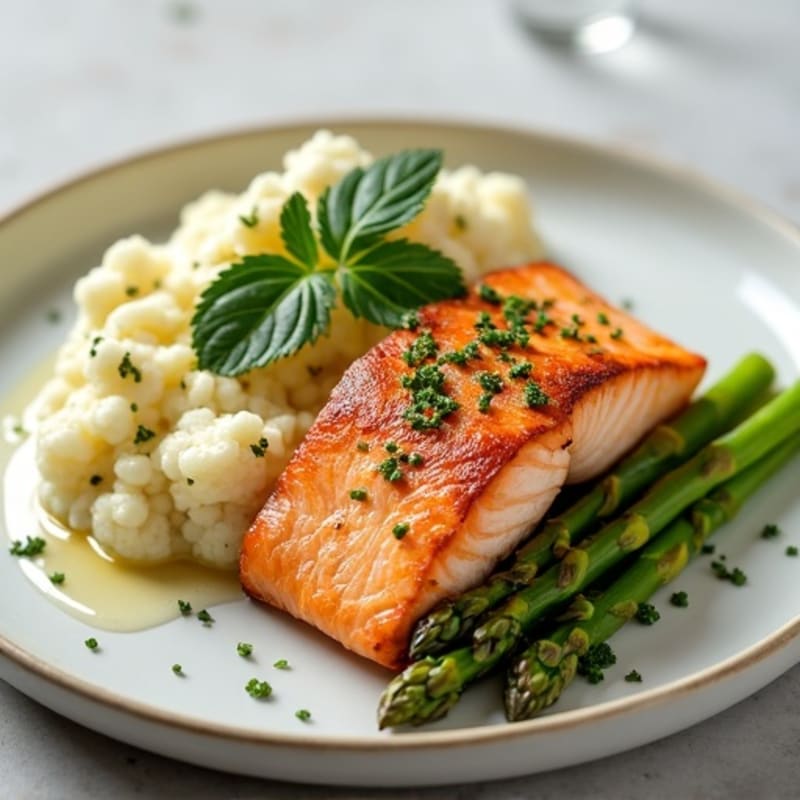 Seared Salmon with Steamed Asparagus and Garlic Mashed Cauliflower