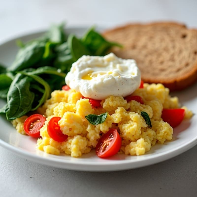 Egg White Vegetable Scramble with Cottage Cheese and Sautéed Spinach