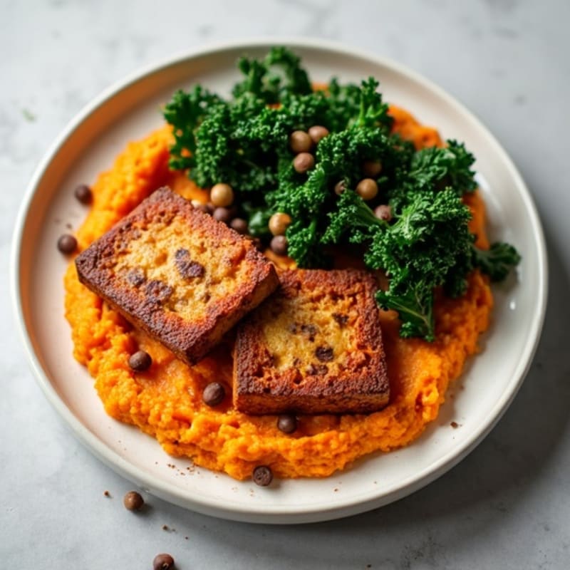 Crispy Baked Tempeh with Sweet Potato Mash and Garlicky Greens