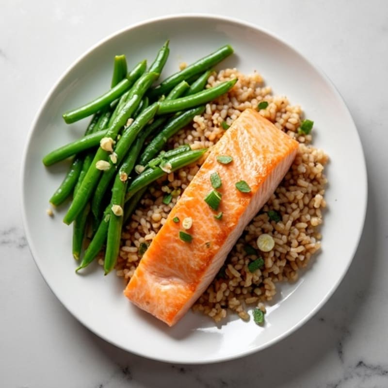 Seared Salmon with Garlic Green Beans, Brown Rice & Egg White Accent