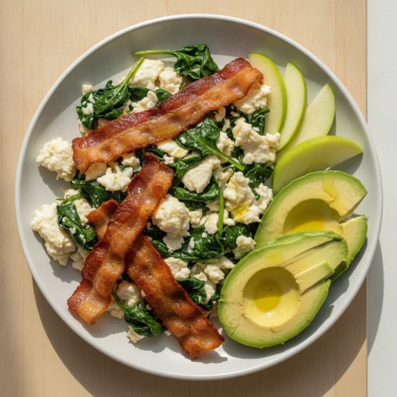 Crispy Turkey Bacon and Egg White Scramble with Sautéed Spinach