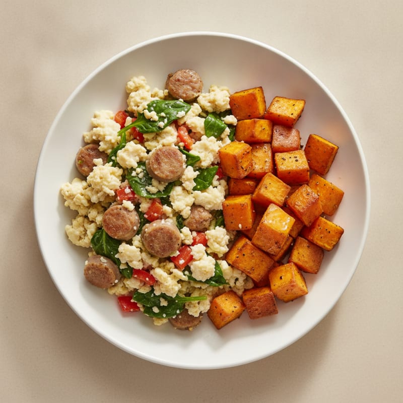 Egg White and Turkey Sausage Scramble with Roasted Sweet Potatoes