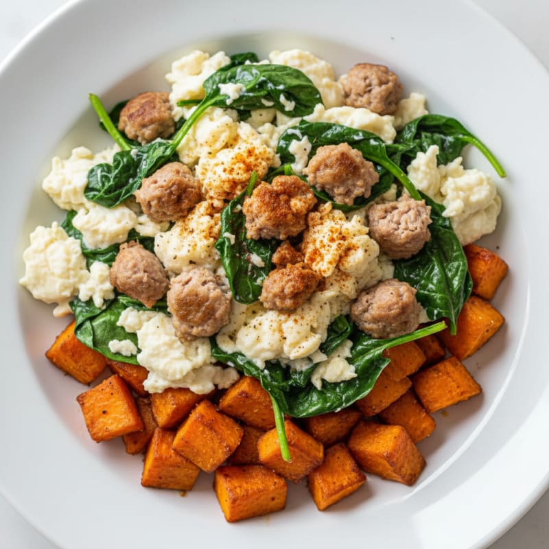 Egg White and Turkey Sausage Scramble with Spinach and Roasted Sweet Potato