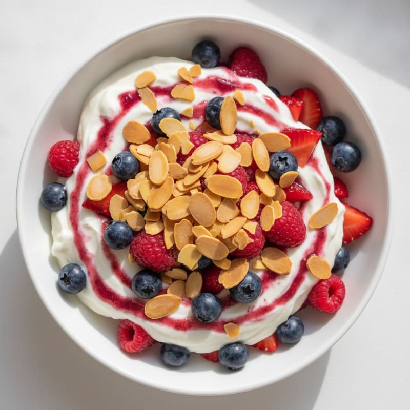 Greek Yogurt Protein Parfait with Mixed Berries and Almonds