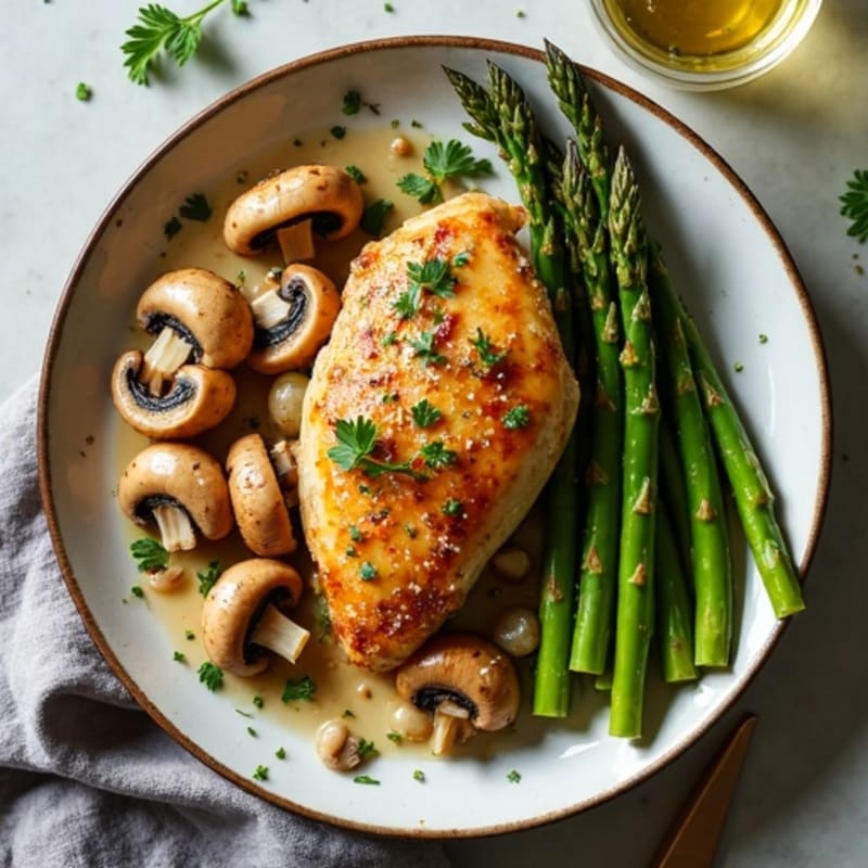 Sheet Pan Garlic Butter Chicken with Roasted Mushrooms and Asparagus