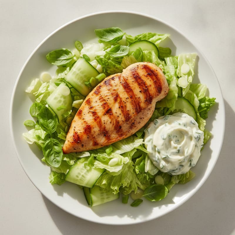 Grilled Chicken Breast Salad with Iceberg Lettuce, Cucumber, and Basil Mayo