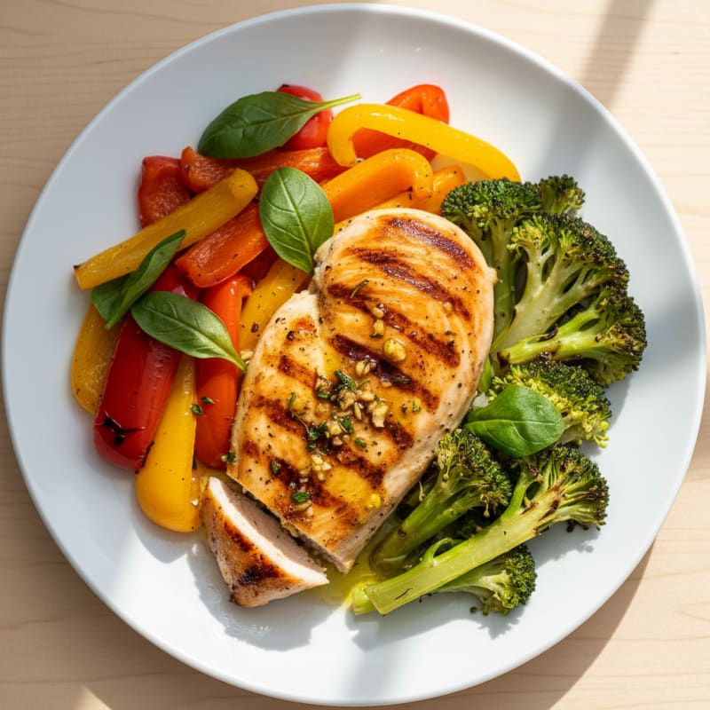 Grilled Chicken Breast with Roasted Mixed Peppers and Broccoli