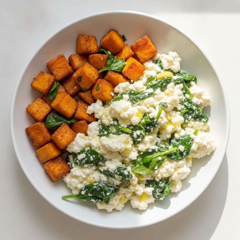 Cottage Cheese Egg White Scramble with Spinach and Roasted Sweet Potato