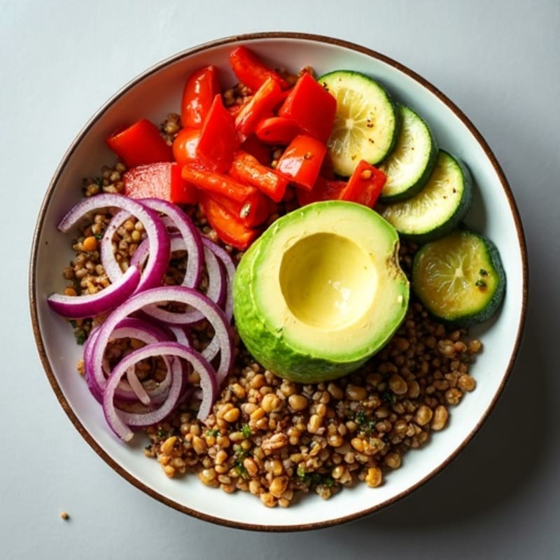 Lentil Quinoa Bowl with Roasted Vegetables and Creamy Avocado