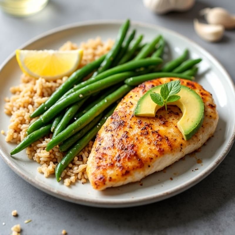 Seared Chicken Breast with Garlic Green Beans and Brown Rice