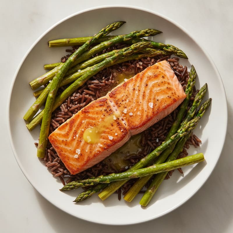 Seared Salmon with Roasted Asparagus and Wild Rice