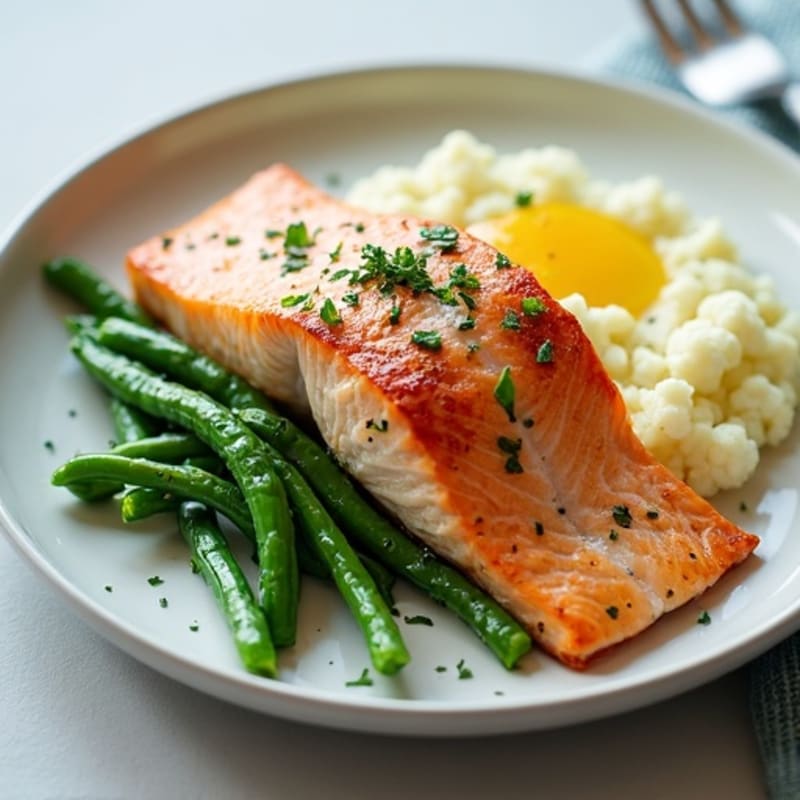 Seared Salmon Fillet with Garlic Green Beans and Cauliflower Mash