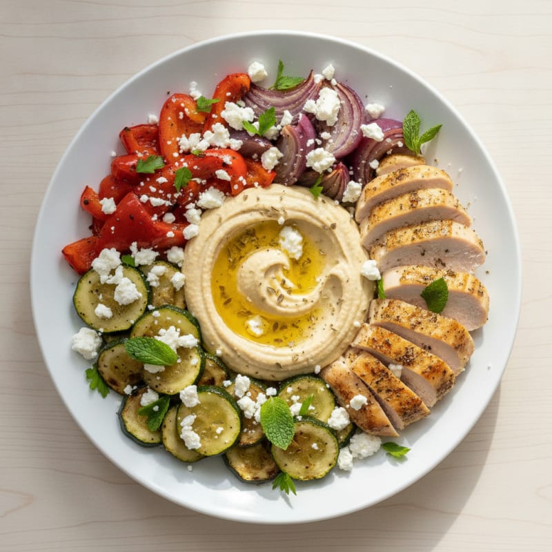 Hummus Platter with Roasted Vegetables and Feta