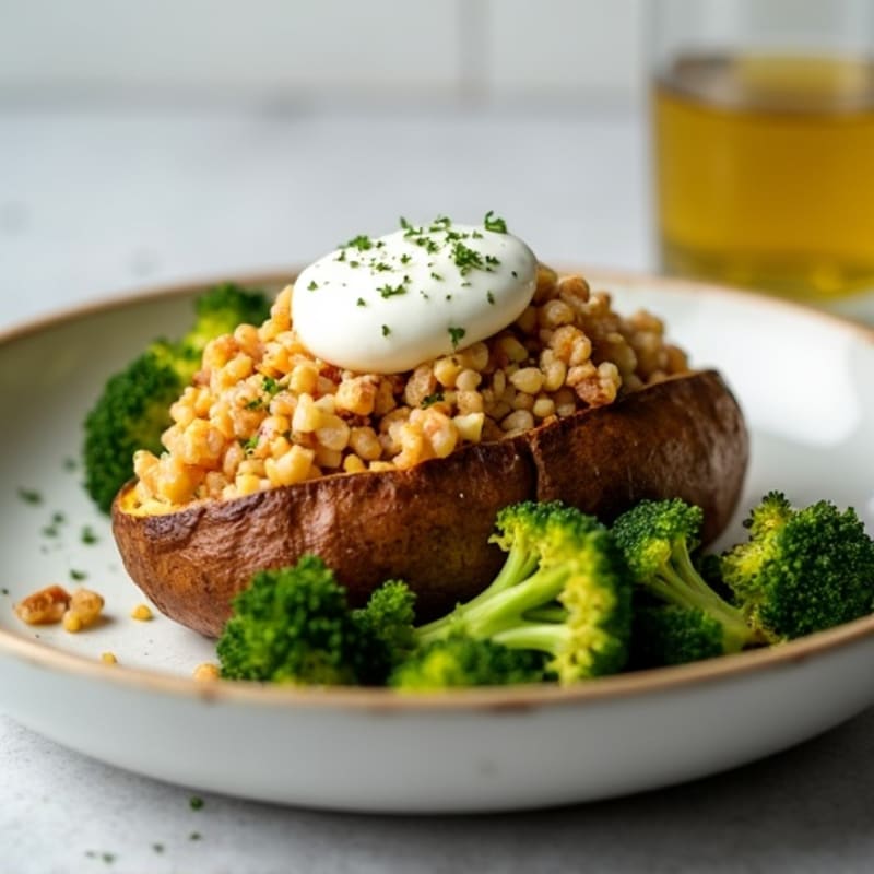 Crispy Baked Potato with Lean Ground Chicken, Roasted Broccoli, and Creamy Greek Yogurt