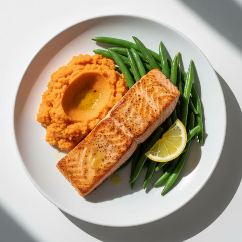 Seared Salmon with Steamed Green Beans and Sweet Potato Mash