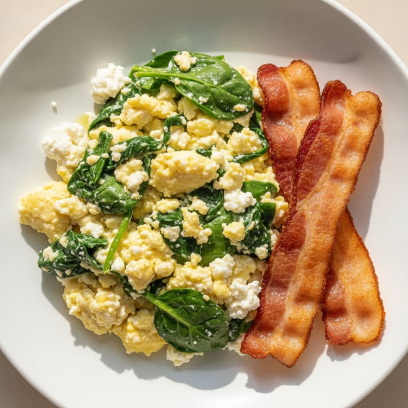 Cottage Cheese Egg Scramble with Sautéed Spinach and Turkey Bacon