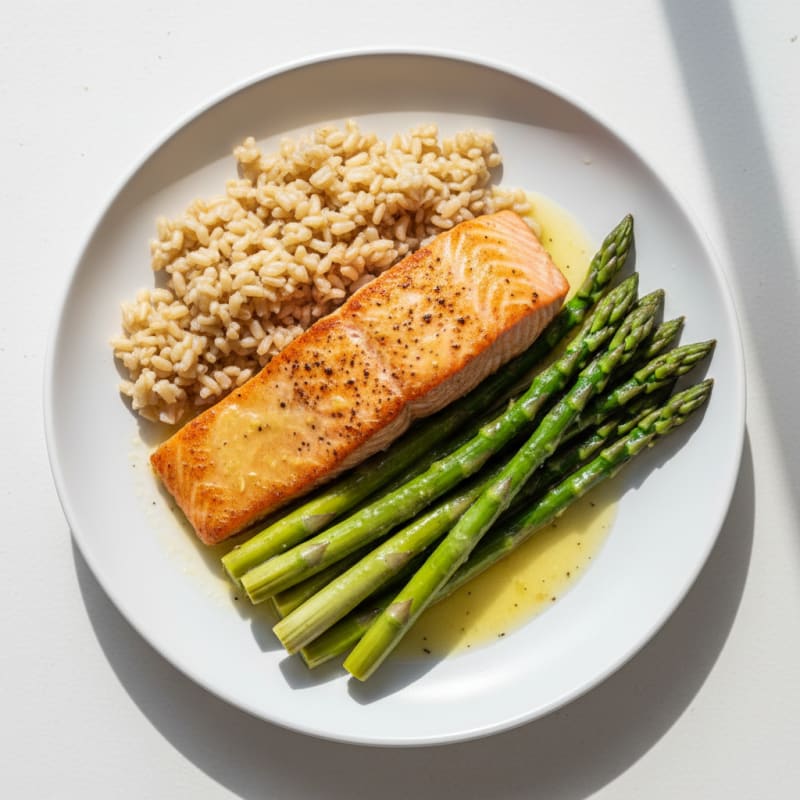 Seared Salmon with Steamed Asparagus and Brown Rice