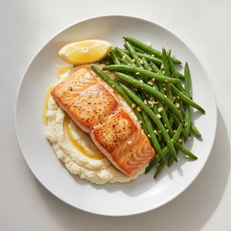 Seared Salmon with Garlic Green Beans and Cauliflower Mash