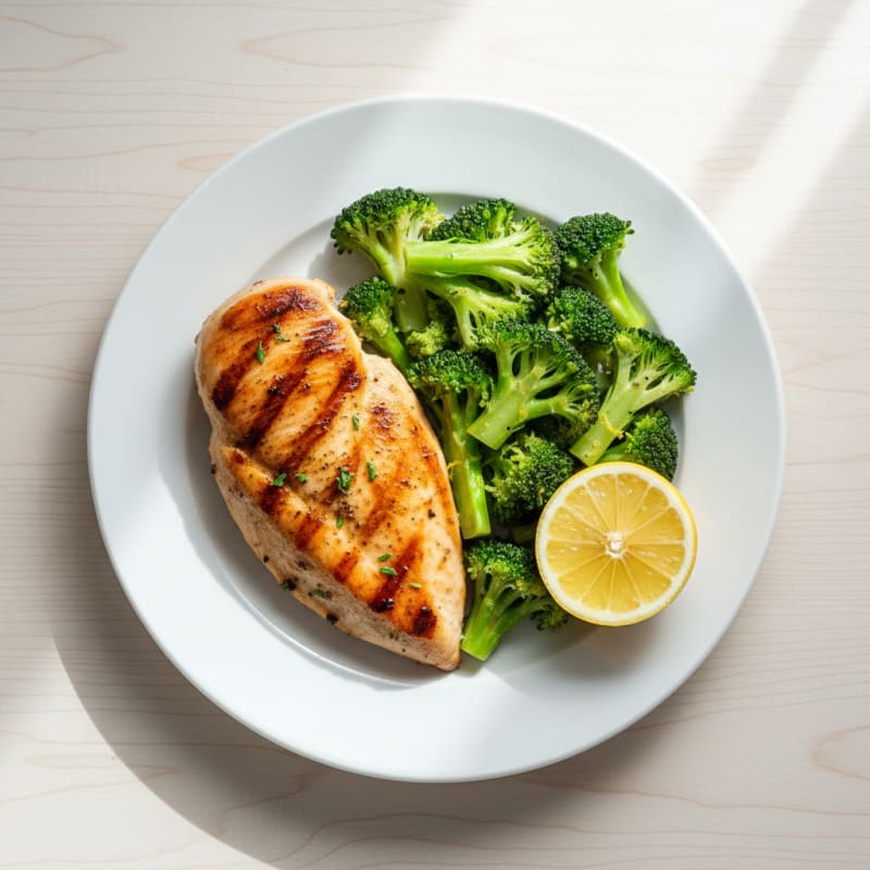 Grilled Chicken Breast with Steamed Broccoli and Lemon