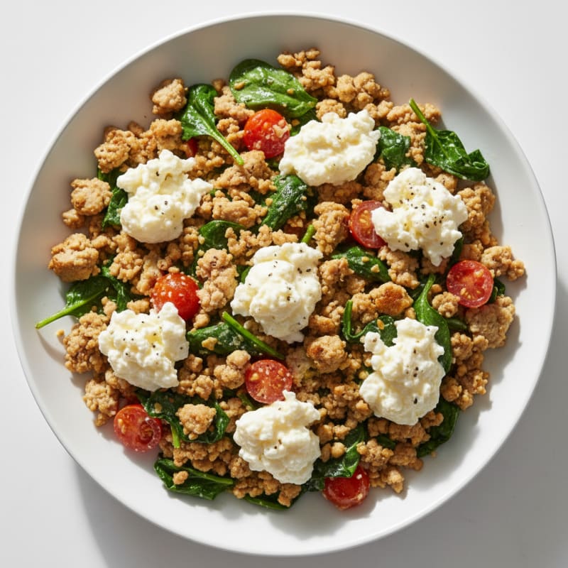 Egg White and Turkey Spinach Scramble with Cottage Cheese