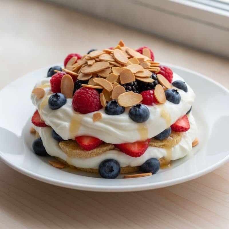 Vanilla Protein Greek Yogurt Parfait with Almonds and Berries