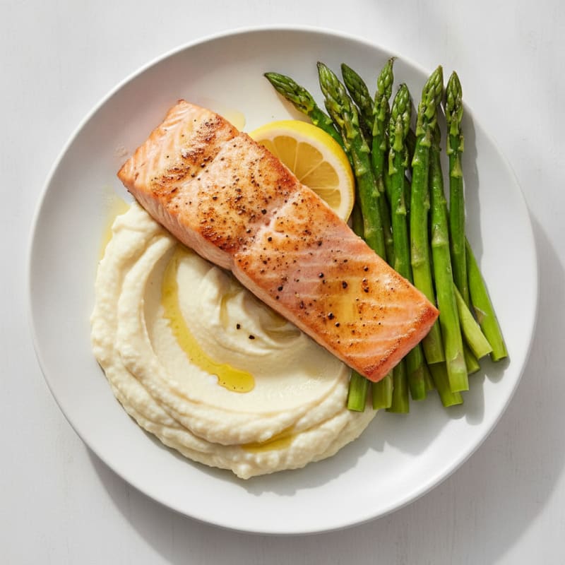 Seared Salmon with Steamed Asparagus and Garlic Cauliflower Mash