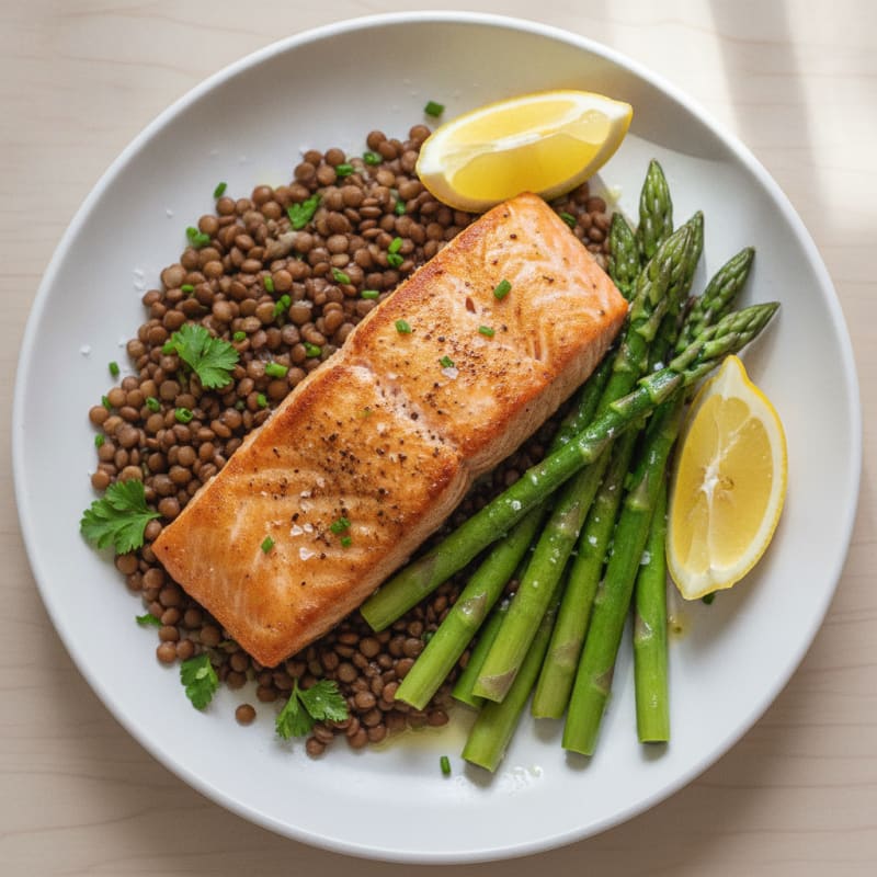 Seared Salmon Fillet with Steamed Asparagus and Lentil Salad