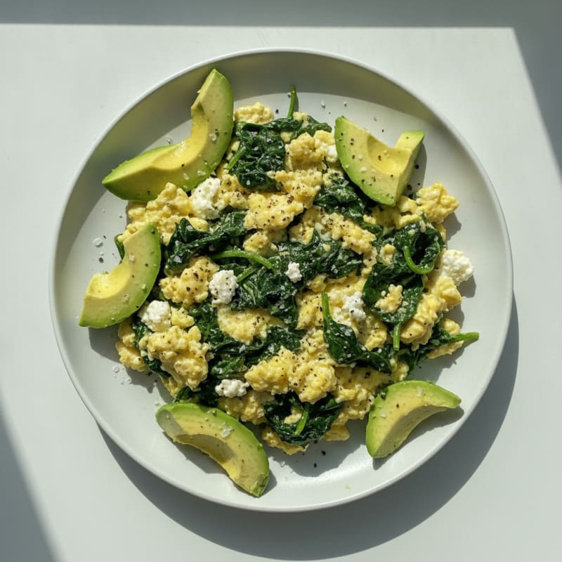Scrambled Eggs with Cottage Cheese and Sautéed Spinach