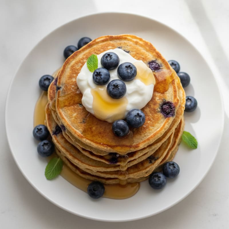 Blueberry Ricotta Pancakes with Maple Syrup