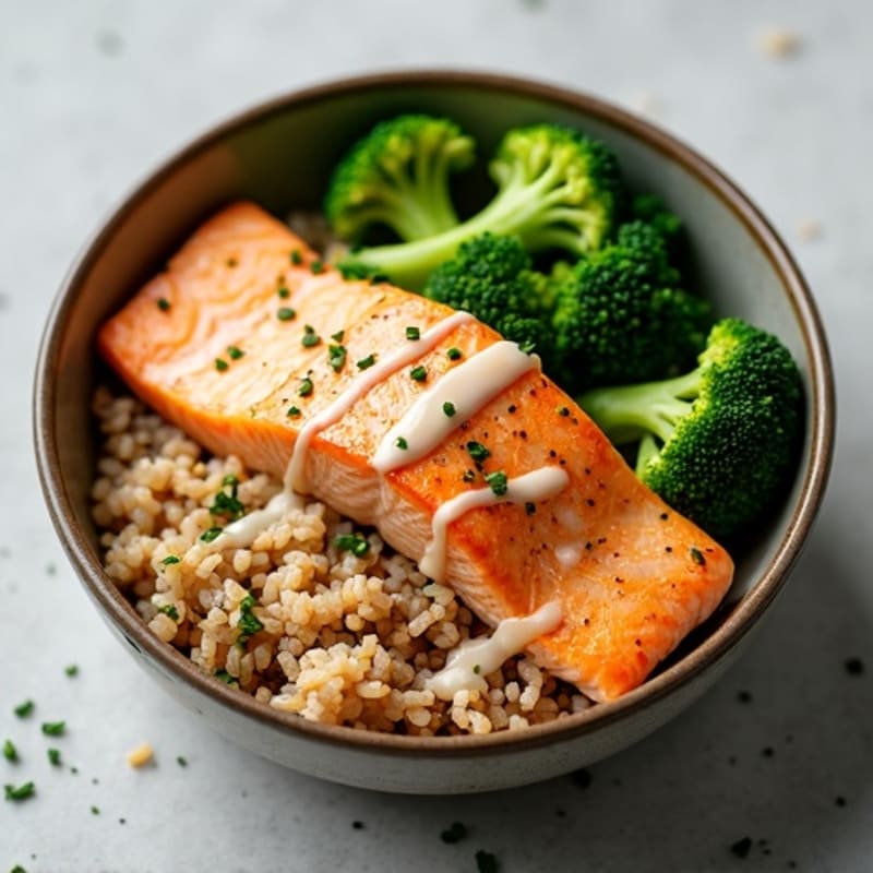 Seared Salmon Bowl with Brown Rice, Broccoli, and Lemon Tahini Drizzle