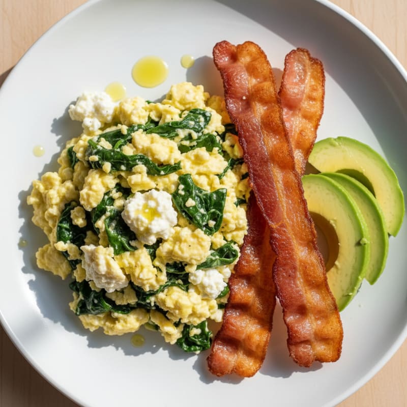 Cottage Cheese Scramble with Spinach and Turkey Bacon