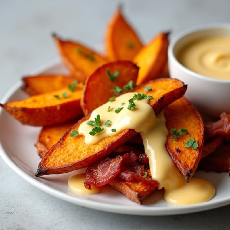 Crispy Roasted Sweet Potato Wedges with Lean Bacon and Creamy Cheddar Sauce