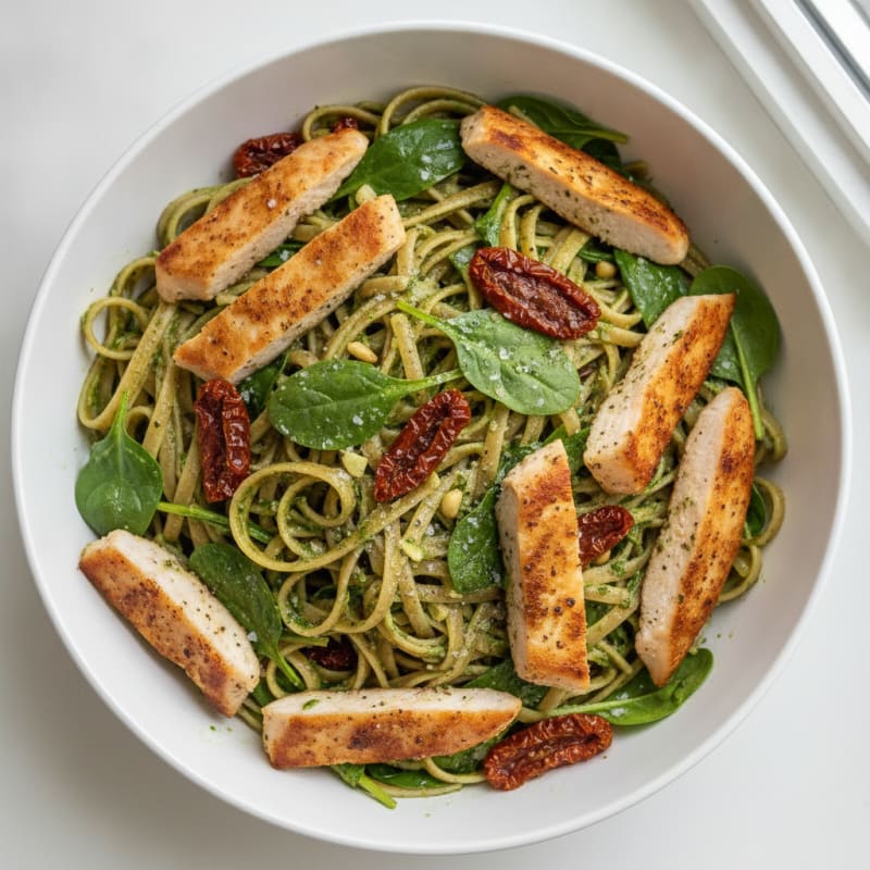 Pesto Chicken Linguine with Sun-Dried Tomatoes