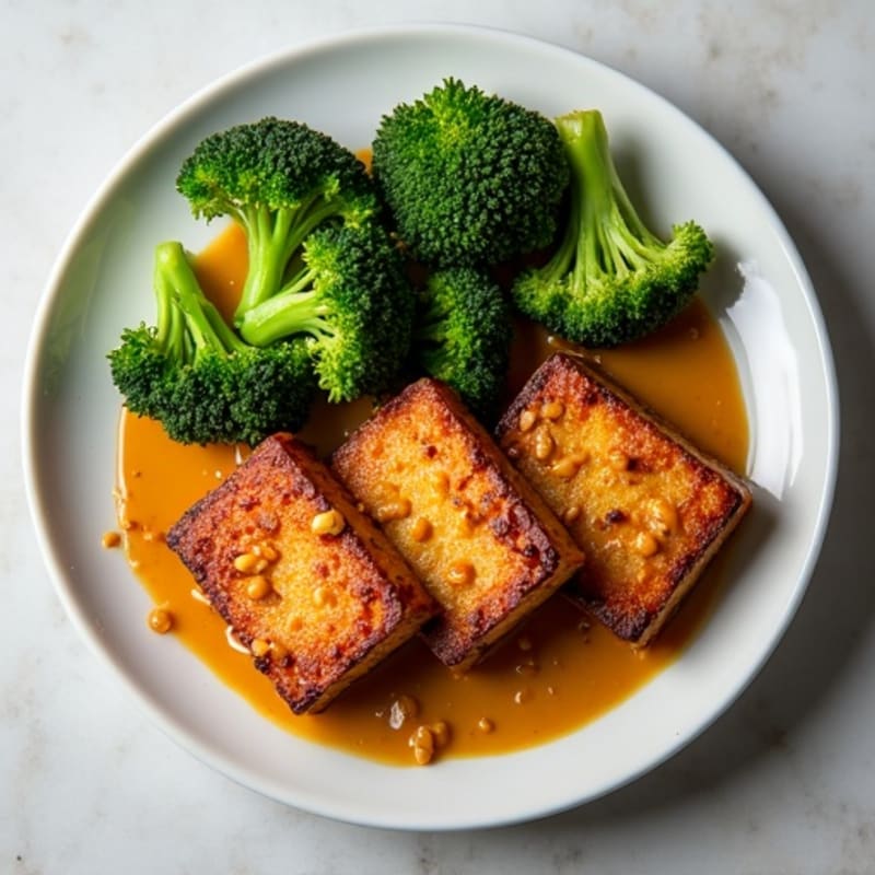 Crispy Baked Tofu with Roasted Broccoli and Peanut Sauce