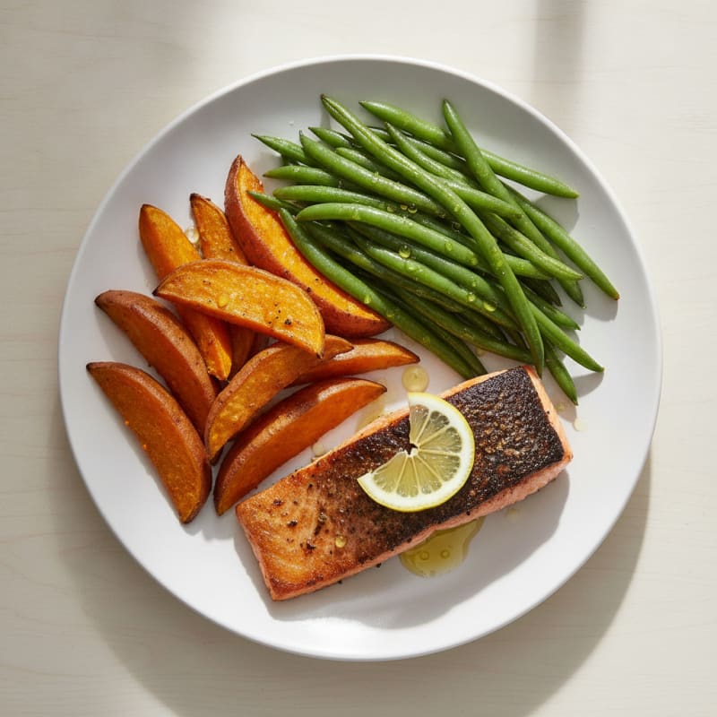 Seared Salmon with Crispy Sweet Potato Wedges and Steamed Green Beans