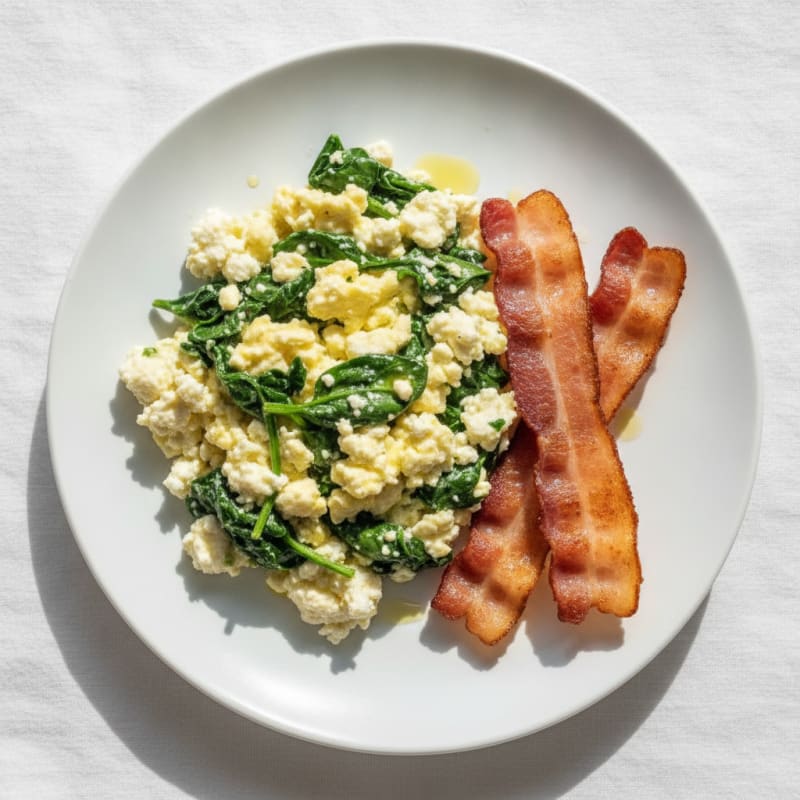 Cottage Cheese Scramble with Spinach and Turkey Bacon