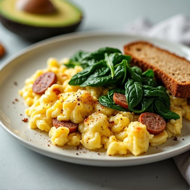 Egg White and Turkey Sausage Scramble with Sautéed Spinach