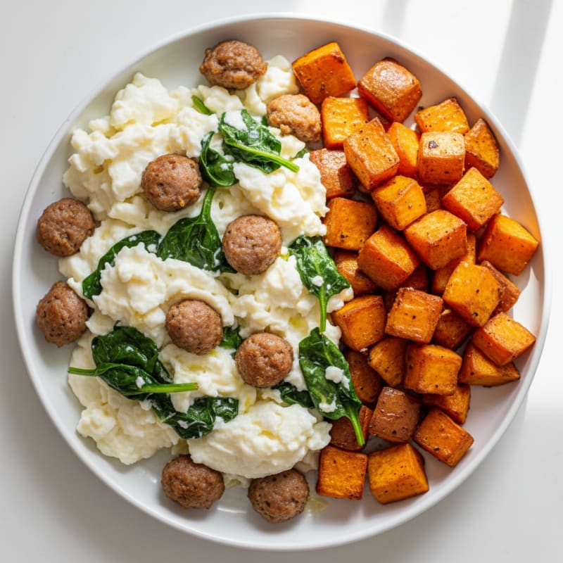 Egg White and Turkey Sausage Scramble with Spinach and Roasted Sweet Potatoes