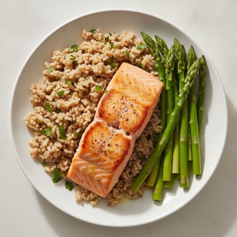 Seared Salmon with Steamed Asparagus and Herbed Brown Rice