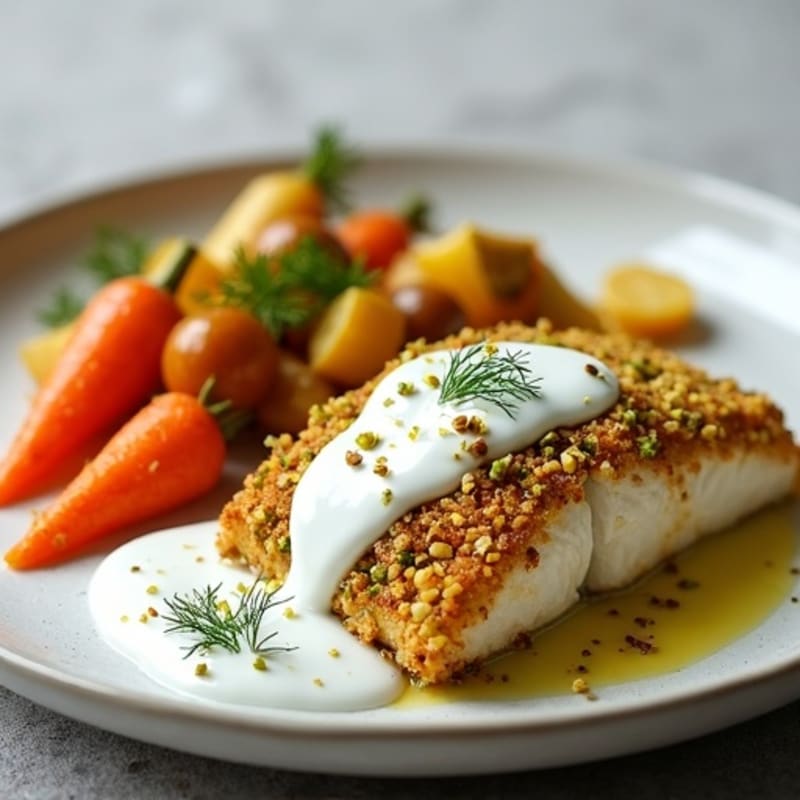Pistachio-Crusted Cod with Roasted Root Vegetables and Lemon Dill Sauce