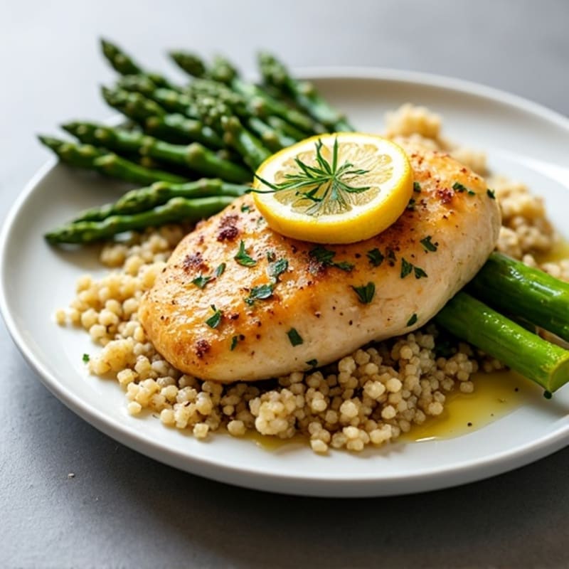 Lemon-Herb Pan-Seared Chicken with Roasted Asparagus and Quinoa