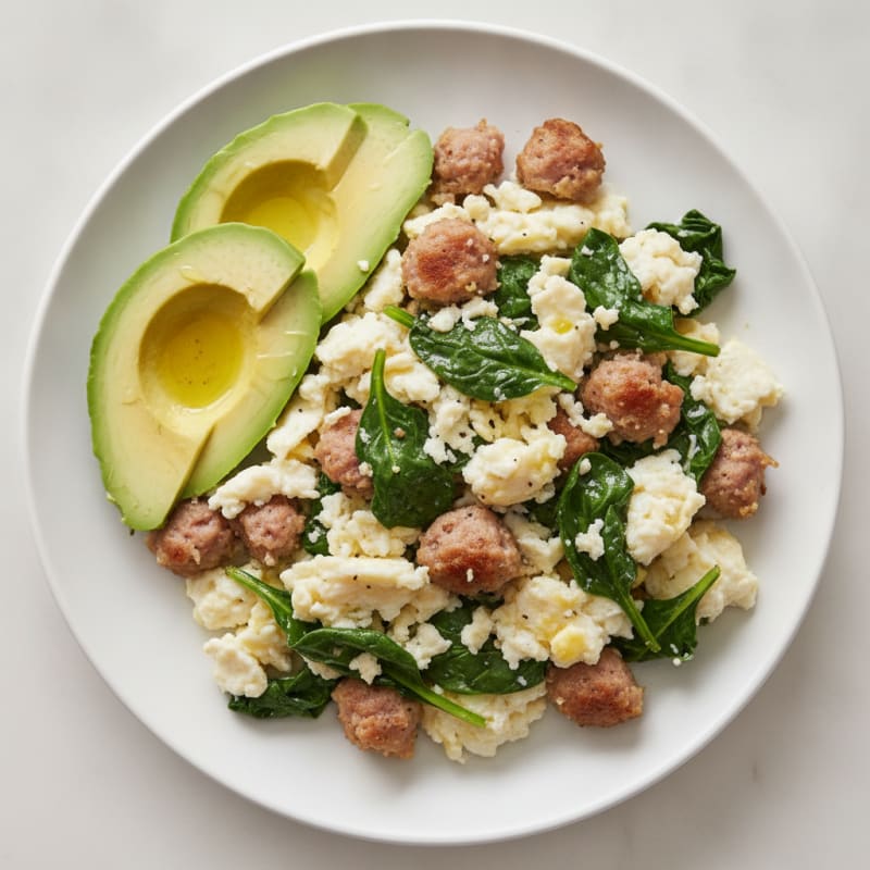 Scrambled Egg Whites with Turkey Sausage and Sautéed Spinach