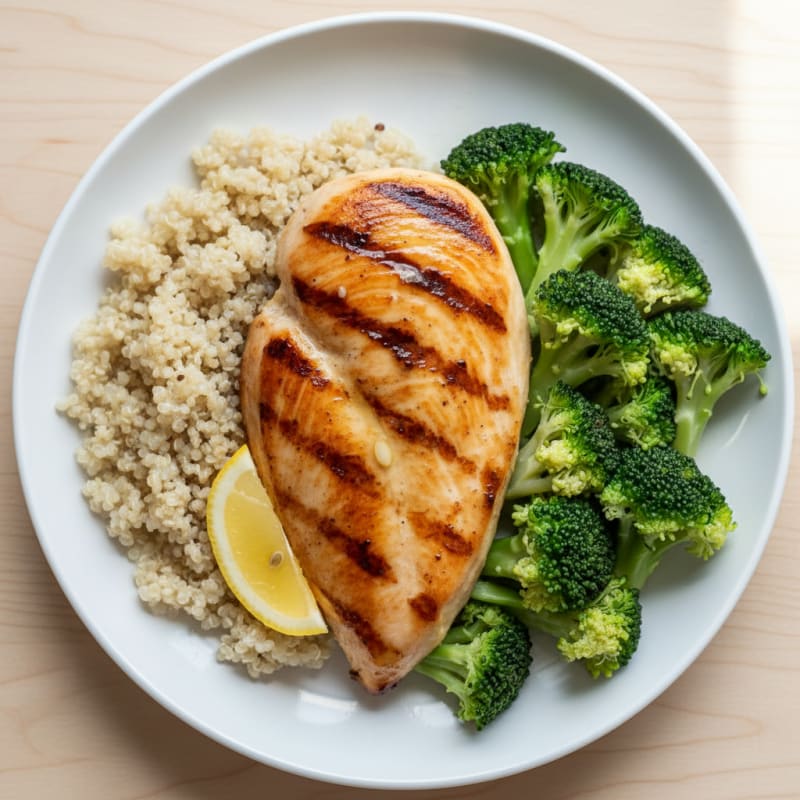 Grilled Chicken Breast with Steamed Broccoli and Quinoa