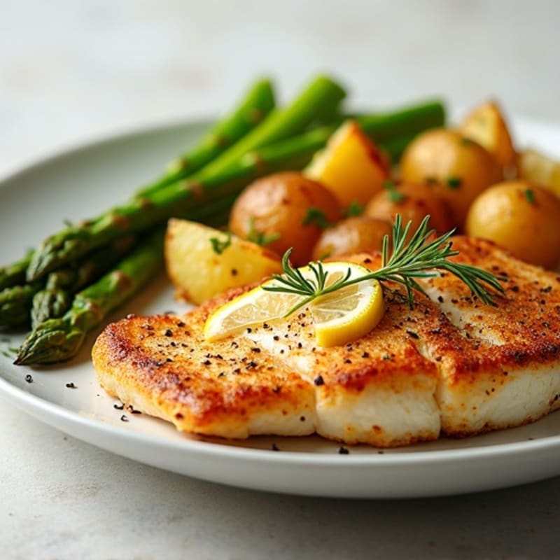 Baked Flaky Smoked Haddock with Roasted Asparagus and Crispy Lemon Potatoes