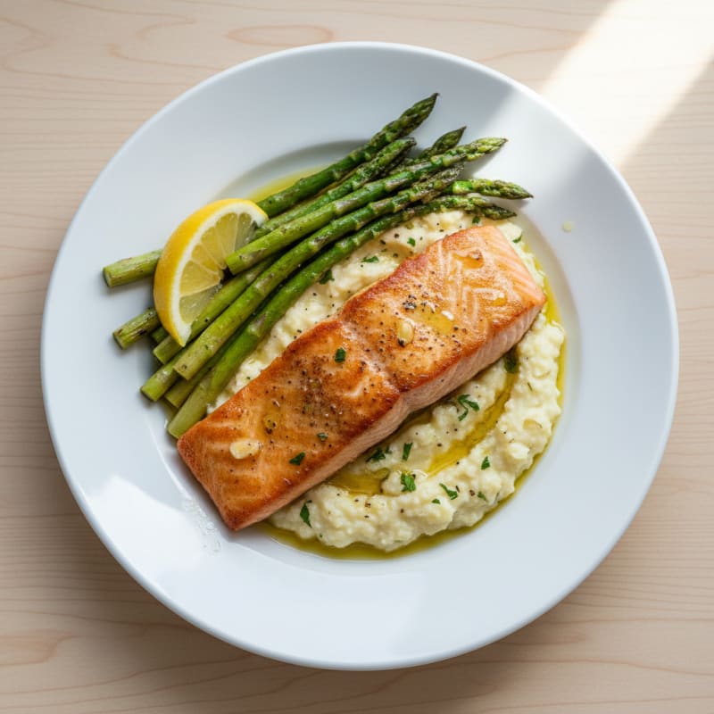 Seared Salmon with Roasted Asparagus and Garlic Cauliflower Mash