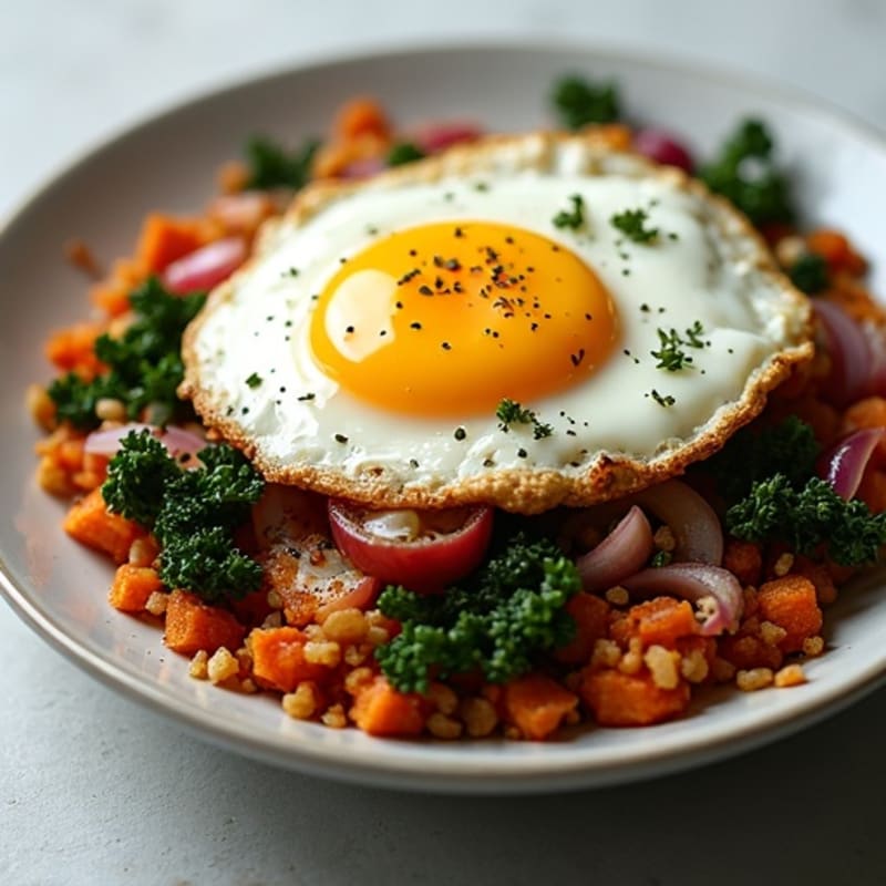 Sweet Potato Hash with Crispy Fried Egg and Sautéed Kale