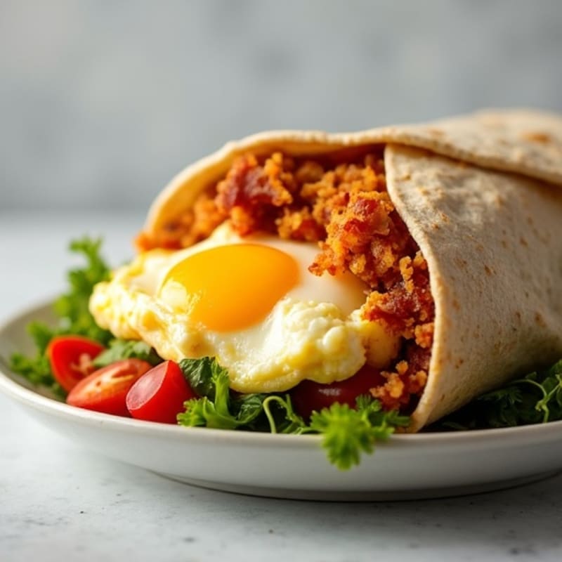 Fluffy Egg and Crispy Hashbrown Burrito with Lean Turkey Bacon and Fresh Veggies