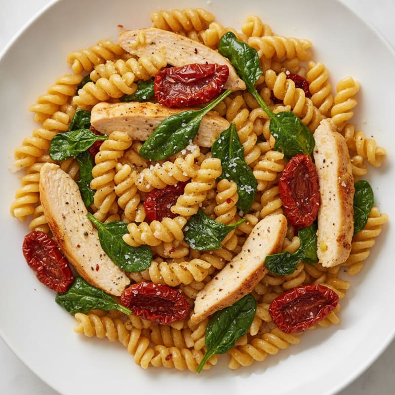 Garlic Spinach Gemelli with Sun-Dried Tomatoes