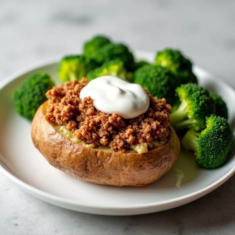 Crispy Baked Potato with Seasoned Ground Turkey, Steamed Broccoli, and Greek Yogurt Drizzle